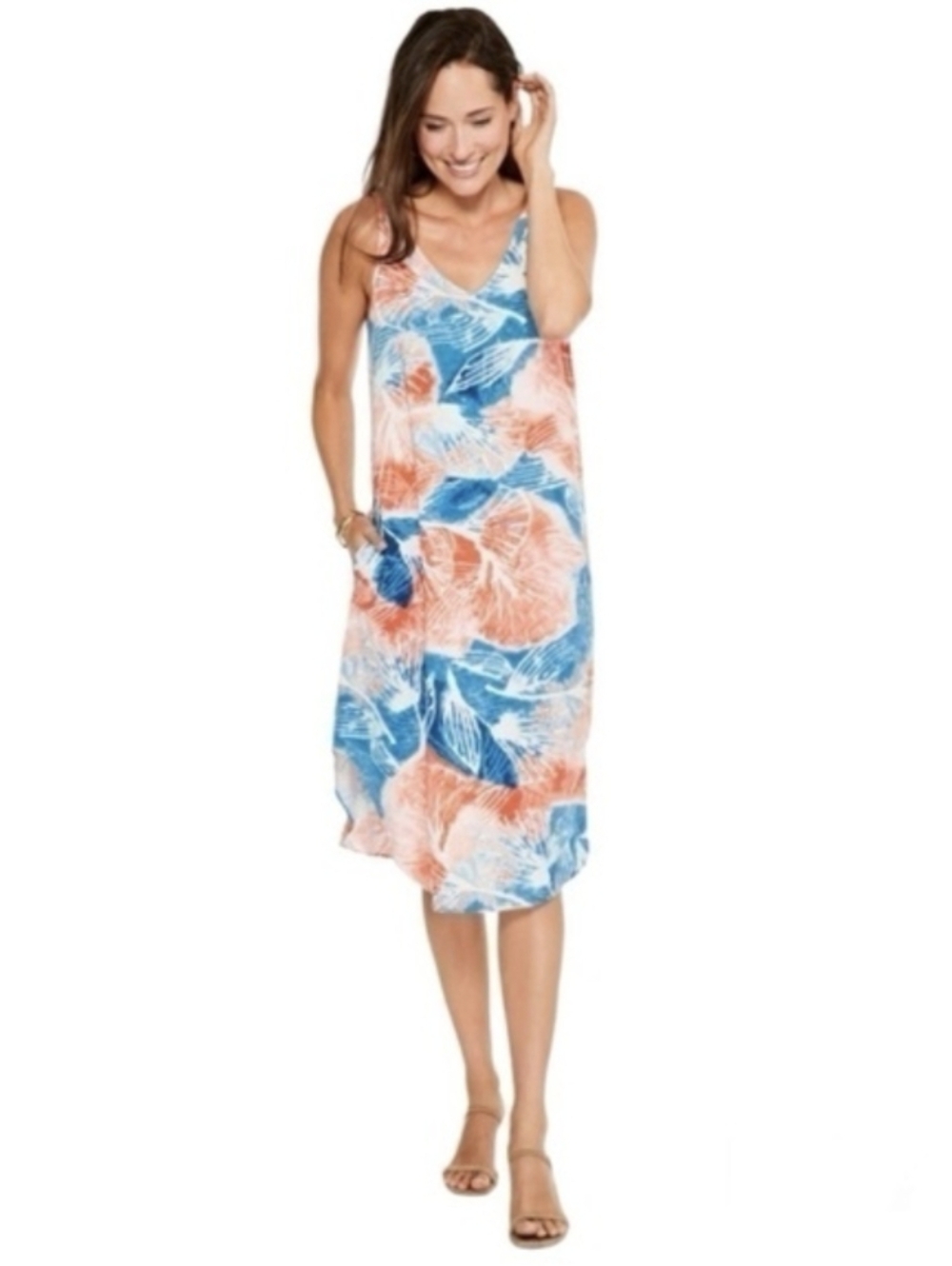 NIC+ZOE Coral & Blue Watercolor Blooms Sleeveless Midi Dress Size XS